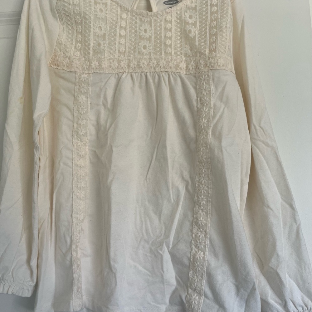 Old Navy Cream Embroidered Long Sleeve Bib Collar Blouse